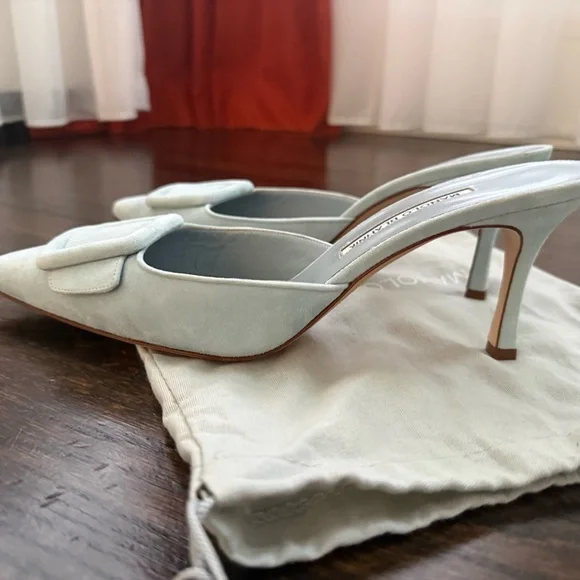 Manolo Blahnik Maysale Suede Buckle Mules Light blue Size 10.5 - Picture 4 of 5